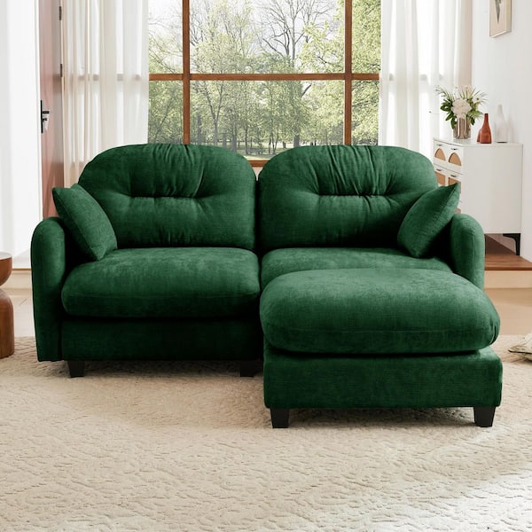 Leah 74 in. Chenille Upholstered Cloud Rectangle Sectional Sofa in Green with Ottoman, 2-Pillows