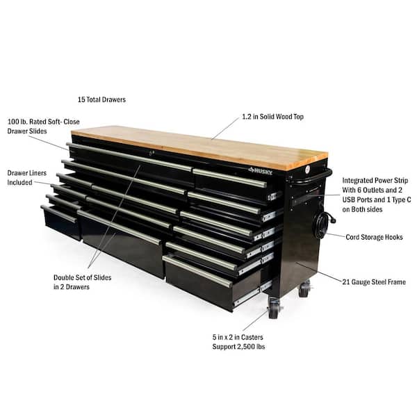 Husky 84 in. W 18 in. D 15-Drawer Mobile Workbench with Wood Top in Gloss Black
