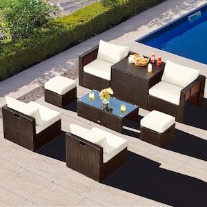 8-Piece Patio Rattan PE Wicker Conversation Set All-Weather Furniture Set with Cushions Off White