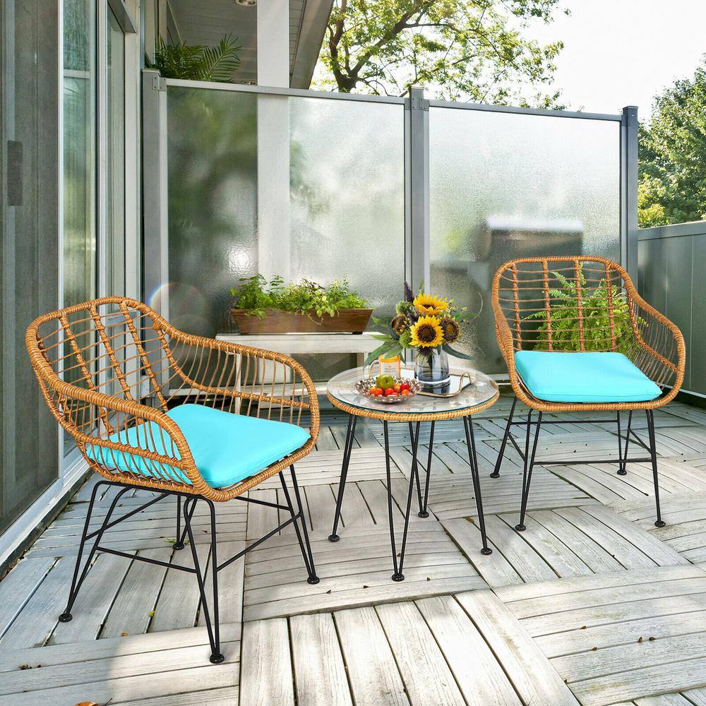 Turquoise Cushioned Rattan Armchair Set with Glass Table