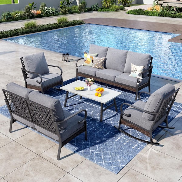 PHI VILLA 5-Piece Black Metal 7 Seats Outdoor Patio Conversation Set with Rocking Chair, Marbling Coffee Table and Gray Cushions