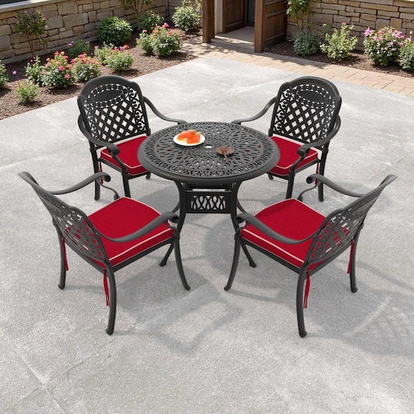 Isabella Black 5-Piece Cast Aluminum Outdoor Dining Set with Round Table and Dining Chairs and Red Seat Cushion