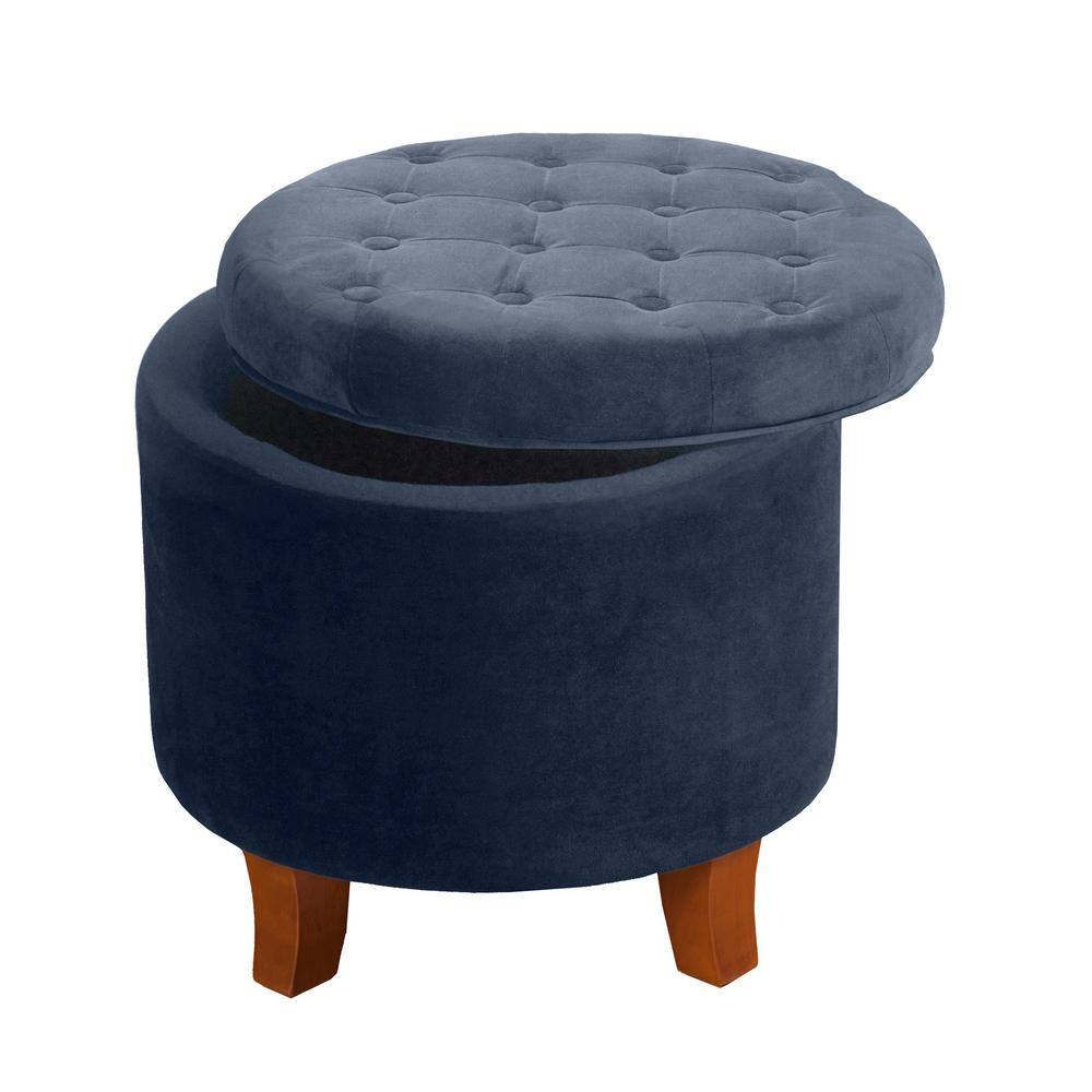 Navy Velvet Round Tufted Ottoman with Rustic Wood Legs