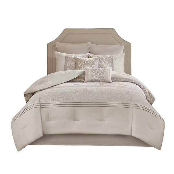 Unbranded 8-Piece Neutral King Polyester Embroidered Comforter Set with Matching Sham, Decorative Pillow and Bedskirt