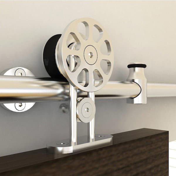 8 ft./96 in. Stainless Steel Sliding Spoke Wheel Barn Door Hardware Kit for Double Door with Non-Routed Floor Guide 8 ft./96 in. Stainless Steel Sliding Spoke Wheel Barn Door Hardware Kit for Double Door with Non-Routed Floor Guide