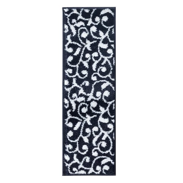 Leaves Collection Navy 9 in. x 28 in. Polypropylene Stair Tread Cover (Set of 15)