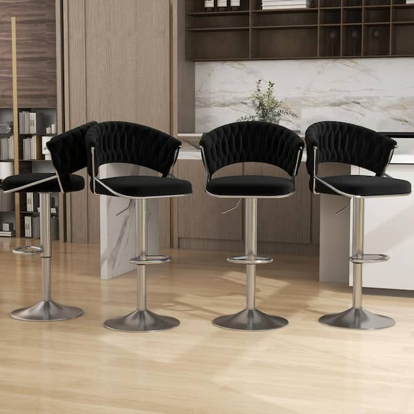 Uixe 43.15 in. Black Low Back Silver Metal Frame Adjustable Swivel Bar Stool with Velvet Seat (Set of 4)