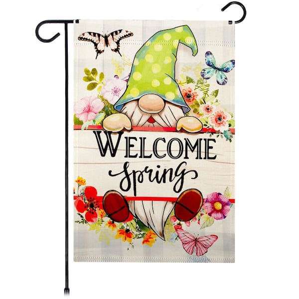 1 ft. x 1.5 ft. Polyester Welcome Spring Gnome Flowers 2-Sided Garden Flag Printed Blockout
