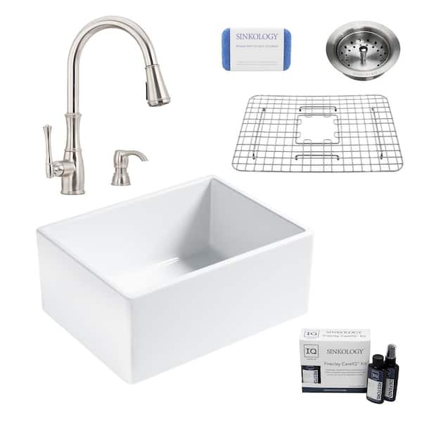SINKOLOGY Wilcox II All-in-One Farmhouse/Apron-Fireclay 24 in. Single Bowl Kitchen Sink with Pfister Faucet and Strainer