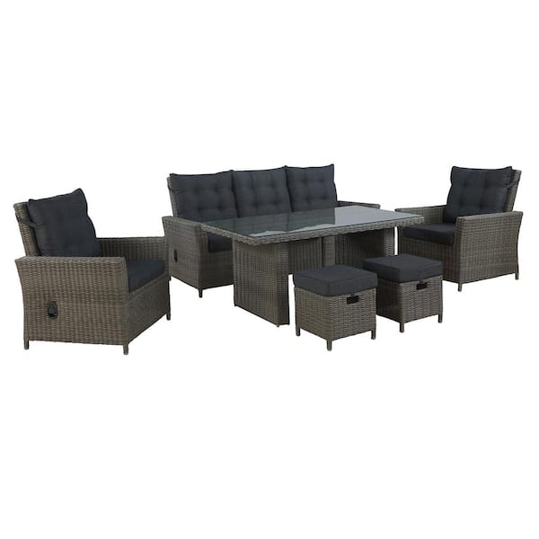Alaterre Furniture Asti All-Weather Wicker 6-Piece Outdoor Seating Set w Reclining Sofa, 2 Chairs & 2 Ottomans with Cream Cushions & Table