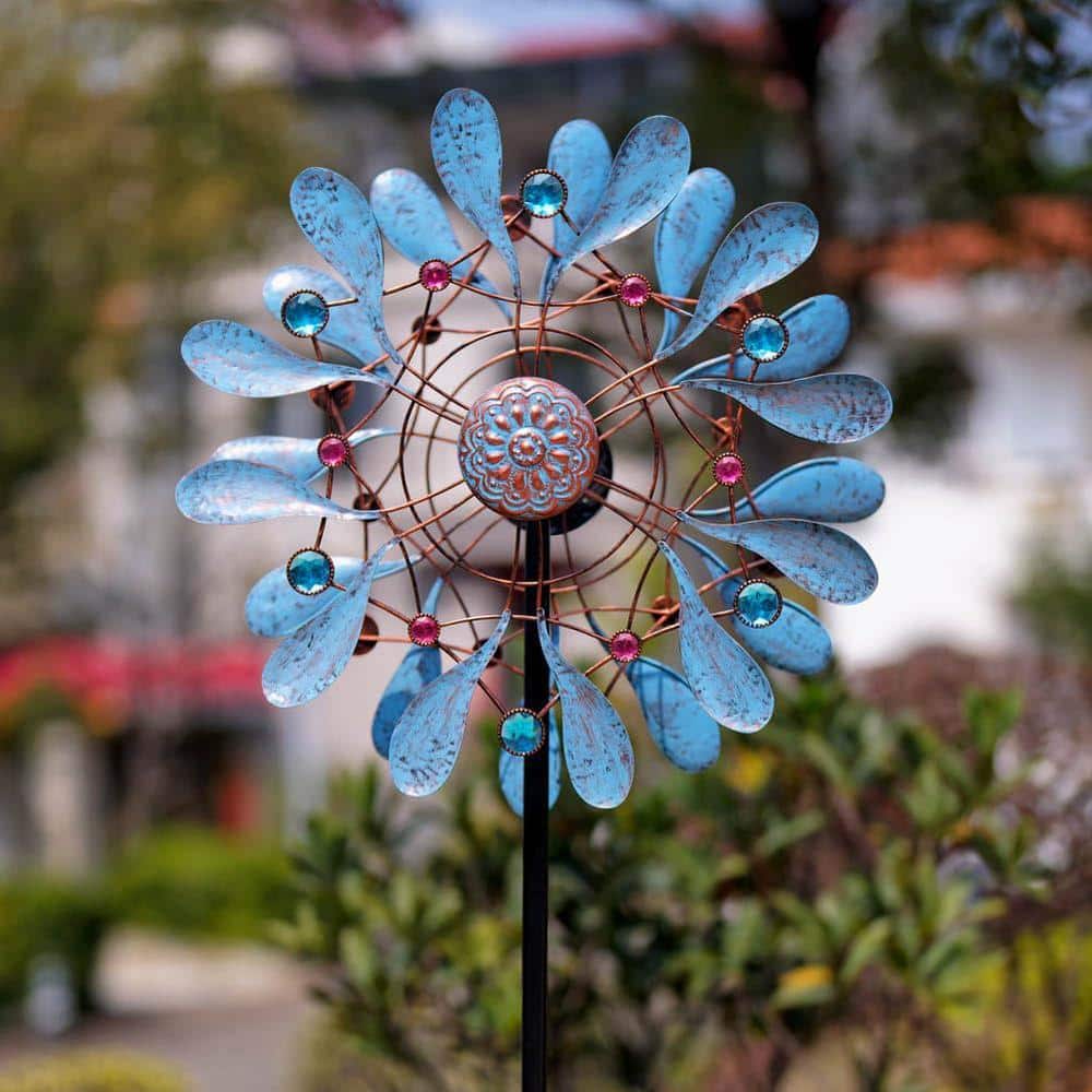 Large Blue Metal Kinetic Wind Spinner with Gem Accents