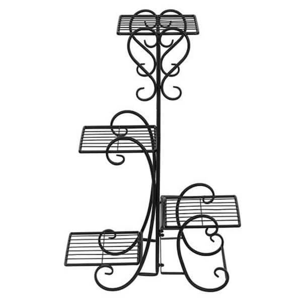 32 in. H Black Rectangle Metal Indoor Plant Stand with 4-Tier