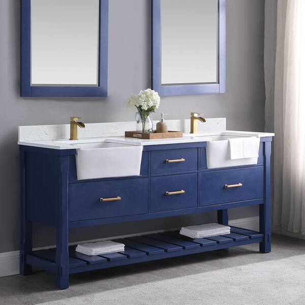 Altair - Georgia 42 Single Bathroom Vanity Set in Jewelry Blue and Composite Carrara White Stone Top with White Farmhouse Basin Without Mirror | 5370