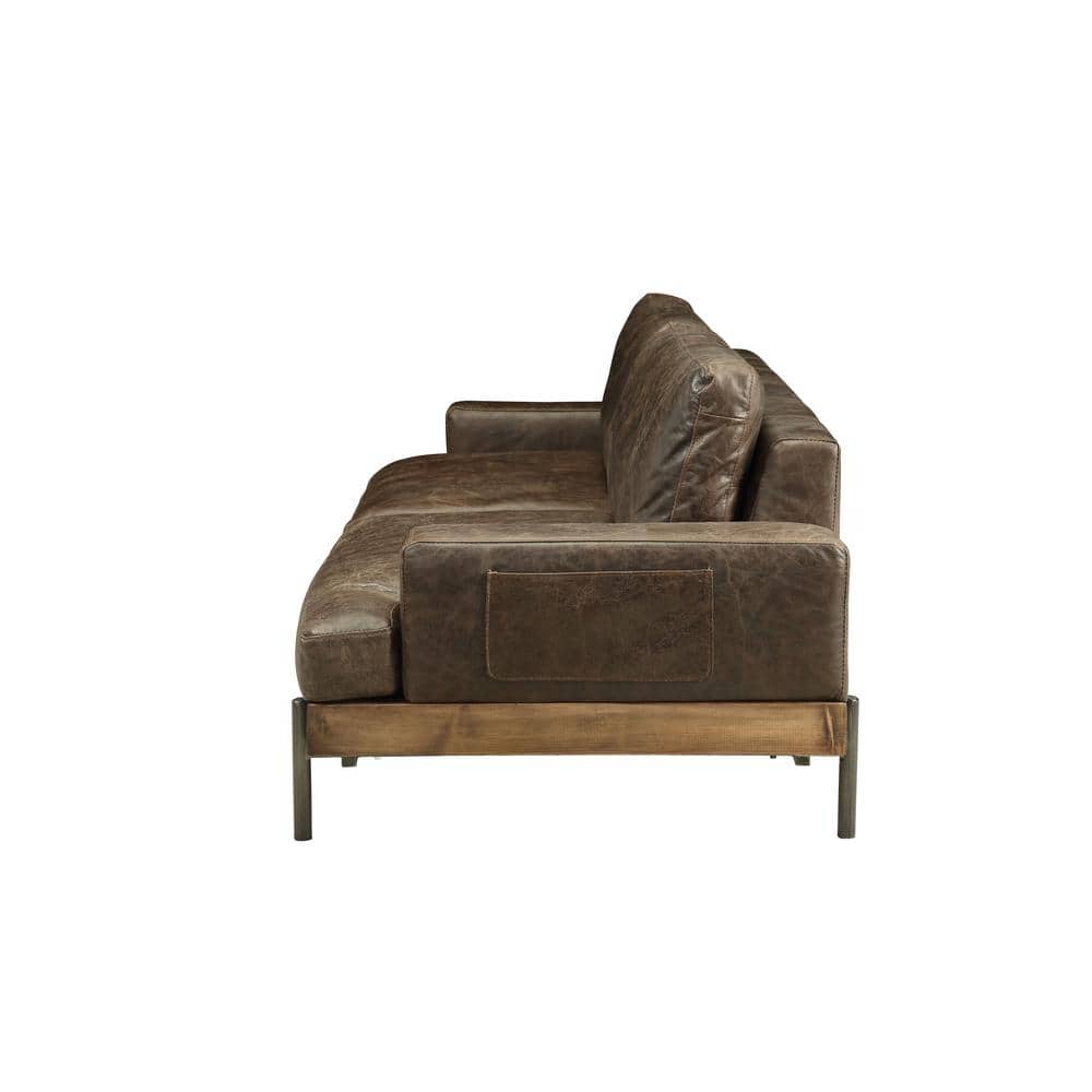 Elegant Oak and Distressed Chocolate Leather Sofa with Track Arms
