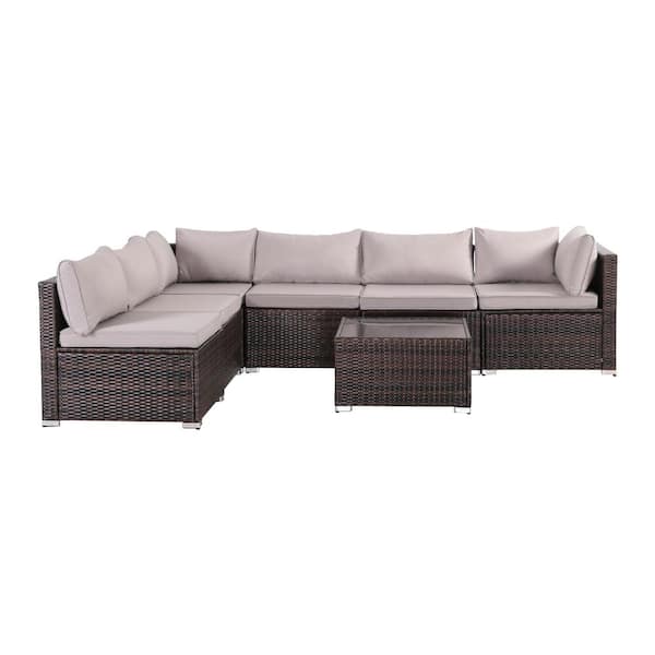 Zeus & Ruta 7-Piece Modern Rattan Wicker Garden Outdoor Sectional Set with Gray Cushions and Glass Table for Patio, Garden, Deck