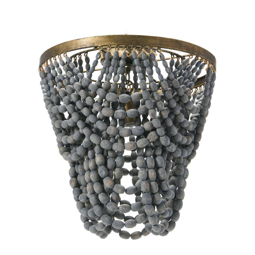 Gold and Grey Wood Bead Semi-Flush Mount Ceiling Light