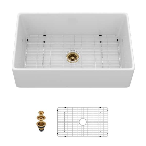 33 in. Farmhouse Single Bowl White Ceramic Kitchen Sink with Bottom Grids