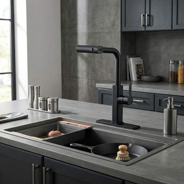14.8 in. Stainless Steel Single-Handle Pull-Down Sprayer Kitchen Faucet 360 Degree Spout Swivel in Matte Black