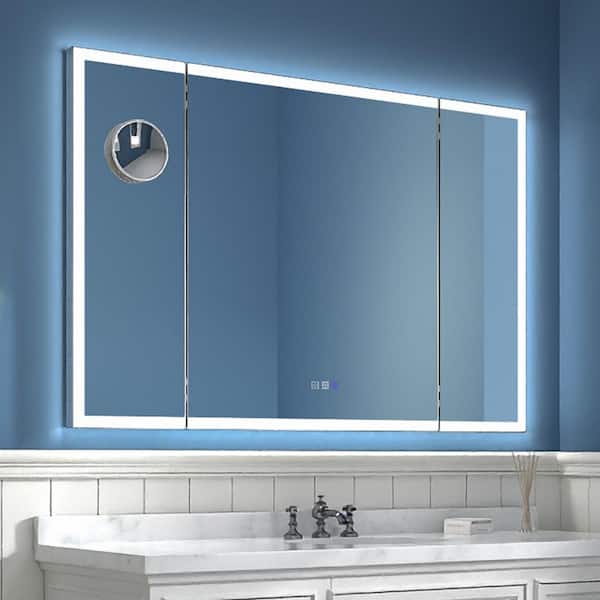 54 in. W x 36 in. H Rectangular Framed Tri-fold Wall LED Bathroom Vanity Mirror with Front Light and Backlict in Nickel