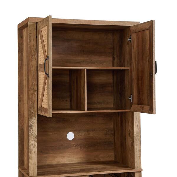 FUNKOL 31.5 in. x 15.7 in. x 76.4 in. Oak Color Wooden Wicker Wine Cabinet w/3 Valley Doors Microwav Shelf & Multiple Wine Rack