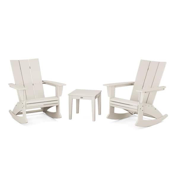 POLYWOOD Modern Curveback Adirondack Rocking Chair Sand 3-Piece HDPE Plastic Patio Conversation Set