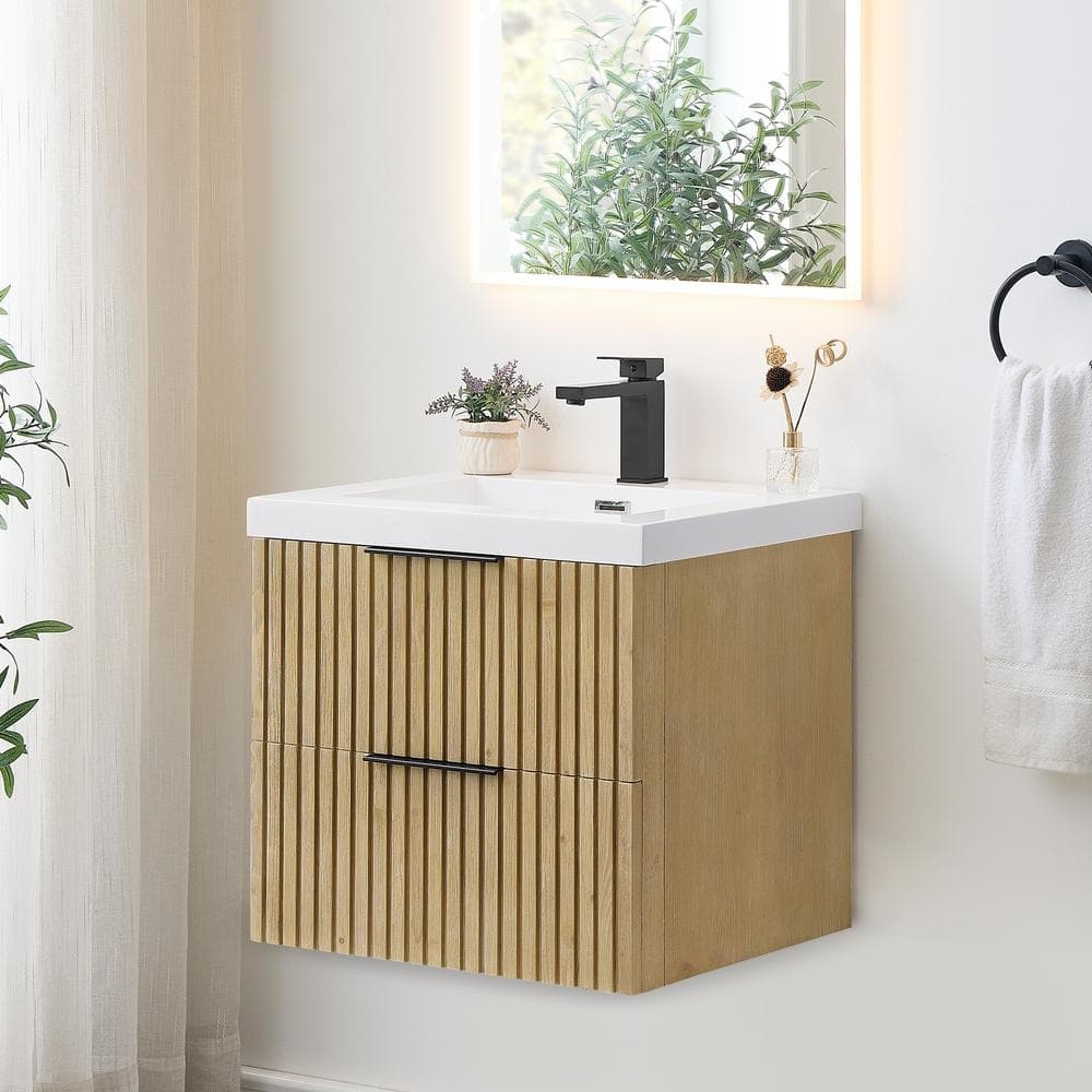 Livia 24" Nature Brown Fir Wood Wall-Mounted Vanity with White Sink