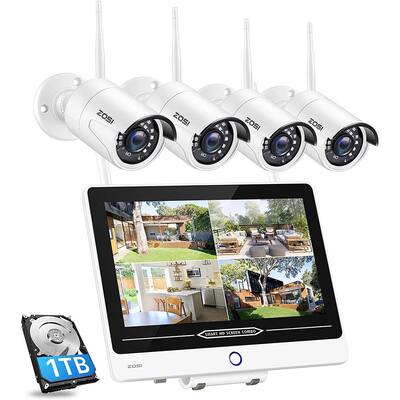 H.265+ 8CH 1080P 1TB NVR Security Camera System with 4 Wireless Bullet Cameras and 12.5 inch LCD Monitor