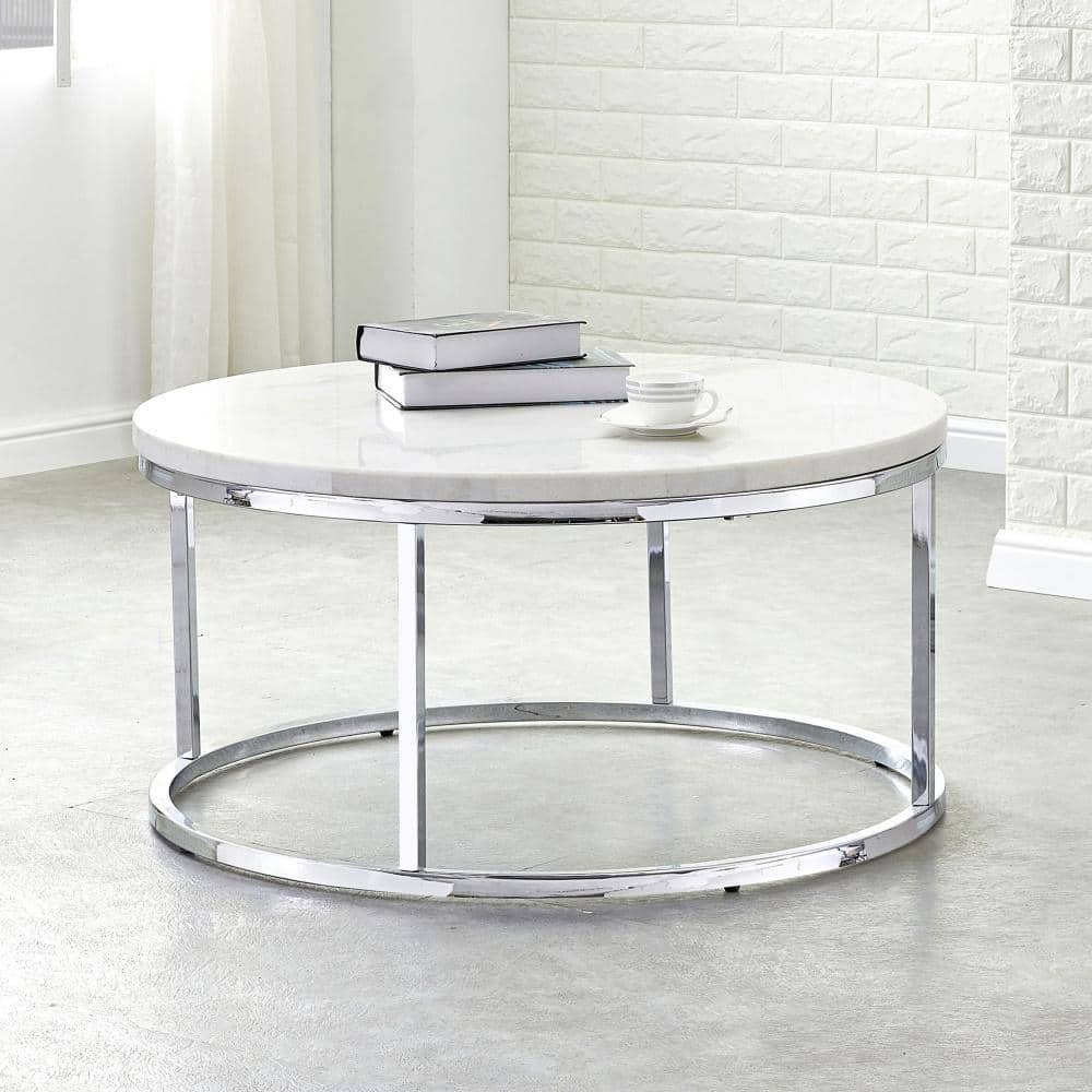Echo Round White Marble and Chrome Metal Cocktail Table, 36"