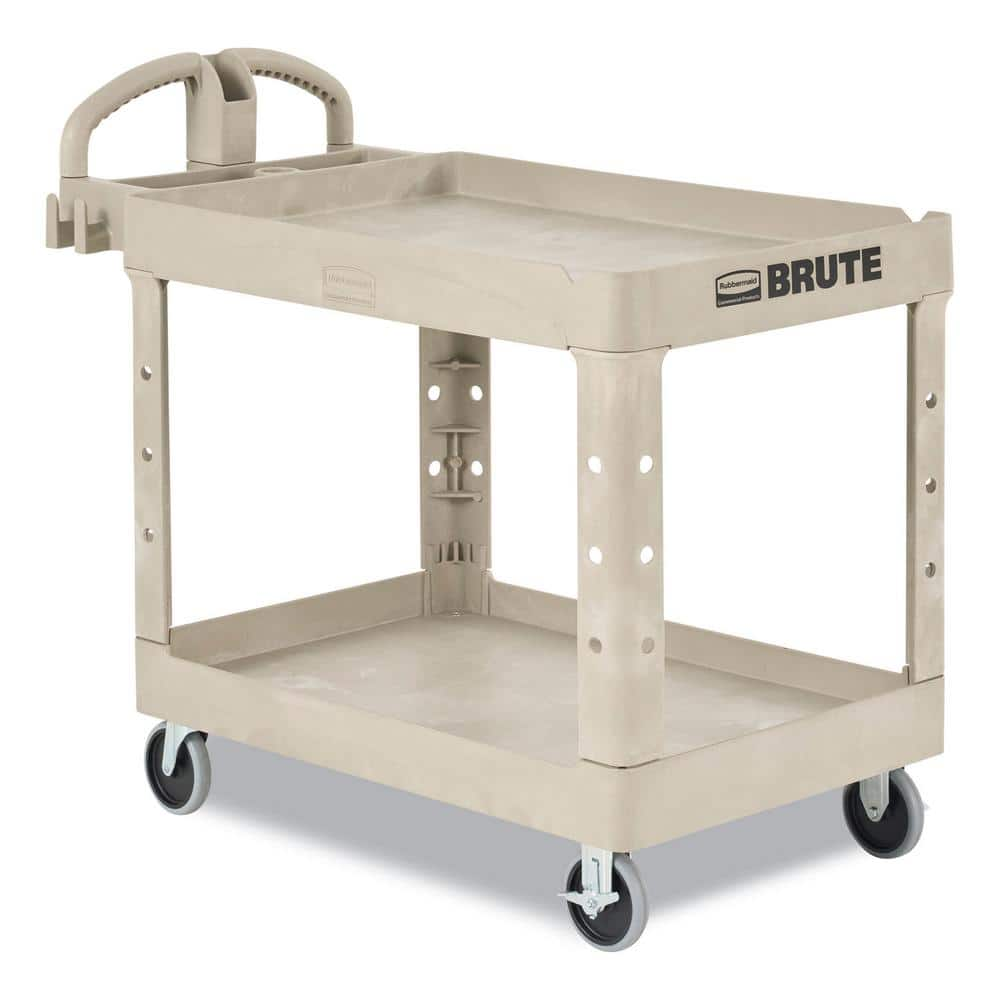 Rubbermaid Commercial Products Heavy Duty Beige 2-Shelf Utility Cart with Lipped Shelf in Small