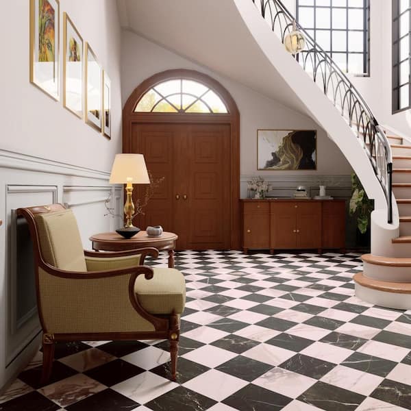 Reve Checker Noir with Rose 12 in. x 12 in. Porcelain Floor and Wall Tile (23.25 sq. ft. /Case)
