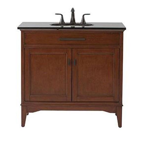 Home Decorators Collection Manor Grove 37 in. Vanity in Tobacco with Granite Vanity Top in Black with White Sink