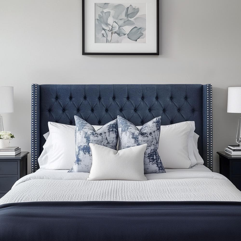 Navy Queen Upholstered Tufted Headboard with Metal Legs