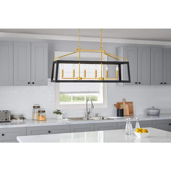 Hampton Bay Parley 6-Light Matte Black and Gold Linear Chandelier with Open Cage Shade