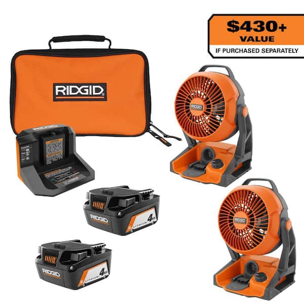 RIDGID 18V (2) 4.0 Ah Batteries and Charger Kit with (2) 18V Hybrid Fans