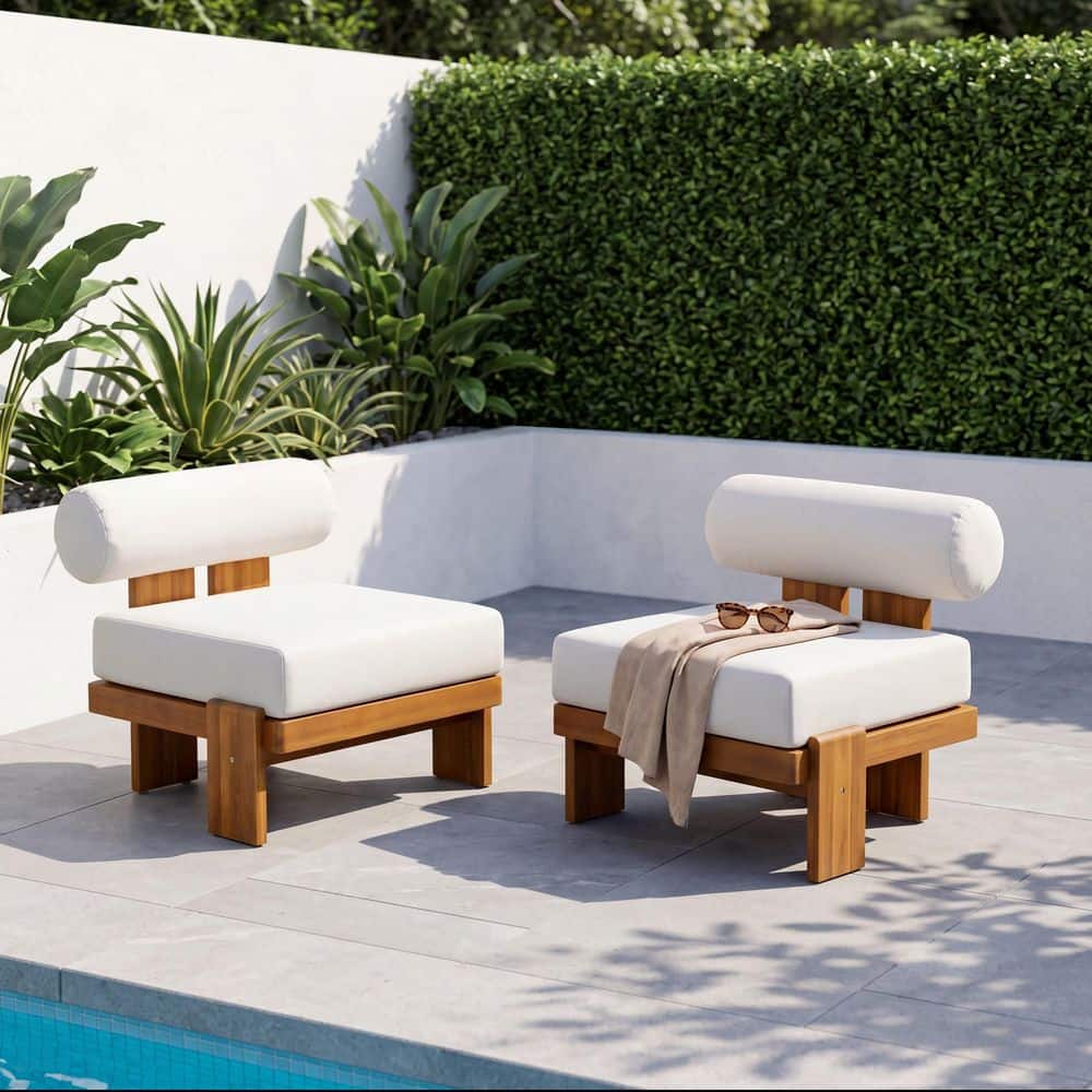 Belinda Teak Finish Solid Wood Patio Outdoor Lounge Chairs with Beige Cushions, Round Back Design (Set of 2)
