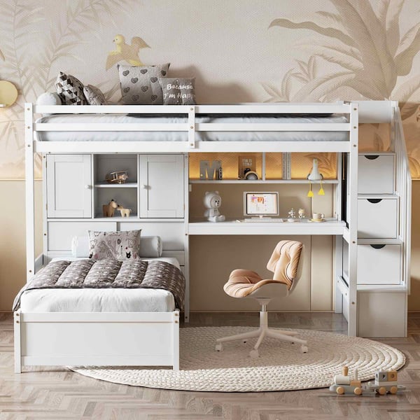 White Twin Wood Loft Bed with Built-in Desk and Staircase, With Storage Compartments and Shelves