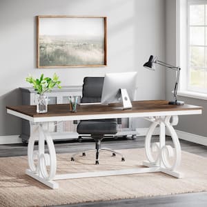 Halseey 63 in. Rectangular Rustic Brown Wood Executive Desk with Scroll Legs, Modern Computer Desk Study Writing Table