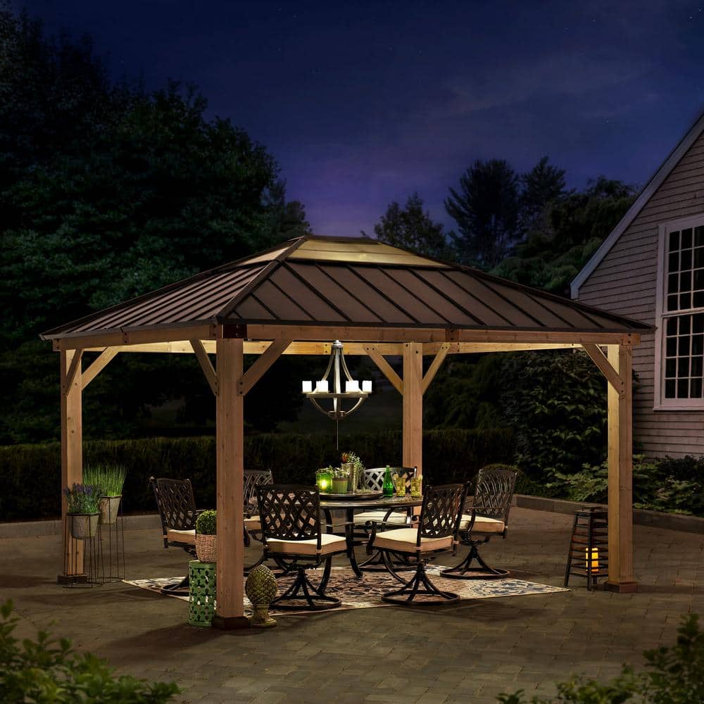 Sunjoy 11 x 11 ft. Cedar Framed Gazebo with Brown Steel and Polycarbonate Roof