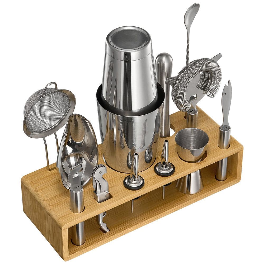Cocktail Shaker Set, 13-Piece Stainless Steel Bar Tools with Bamboo Stand, Boston Bartender Kit Accessories: Mixer Spoon