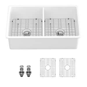 32 in. Undermount 50/50 Double Bowl White Porcelain Ceramic Kitchen Sink with Bottom Grids