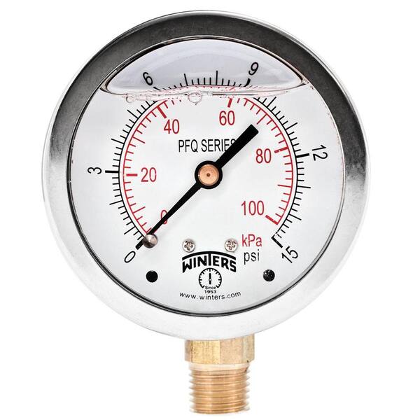 Winters Instruments PFQ Series 2.5 in. Stainless Steel Liquid Filled Case Pressure Gauge with 1/4 in. NPT LM and Range of 0-15 psi/kPa