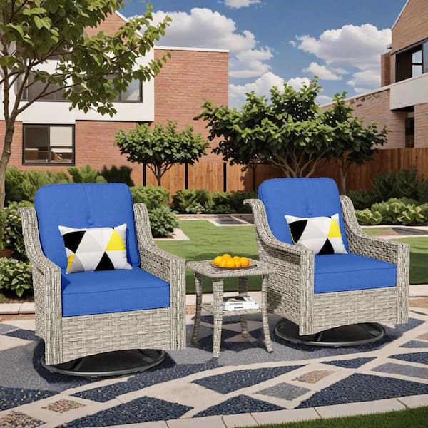 3-Piece Wicker Swivel Outdoor Rocking Chairs Patio Conversation Set with Navy Blue Cushions and Side Table