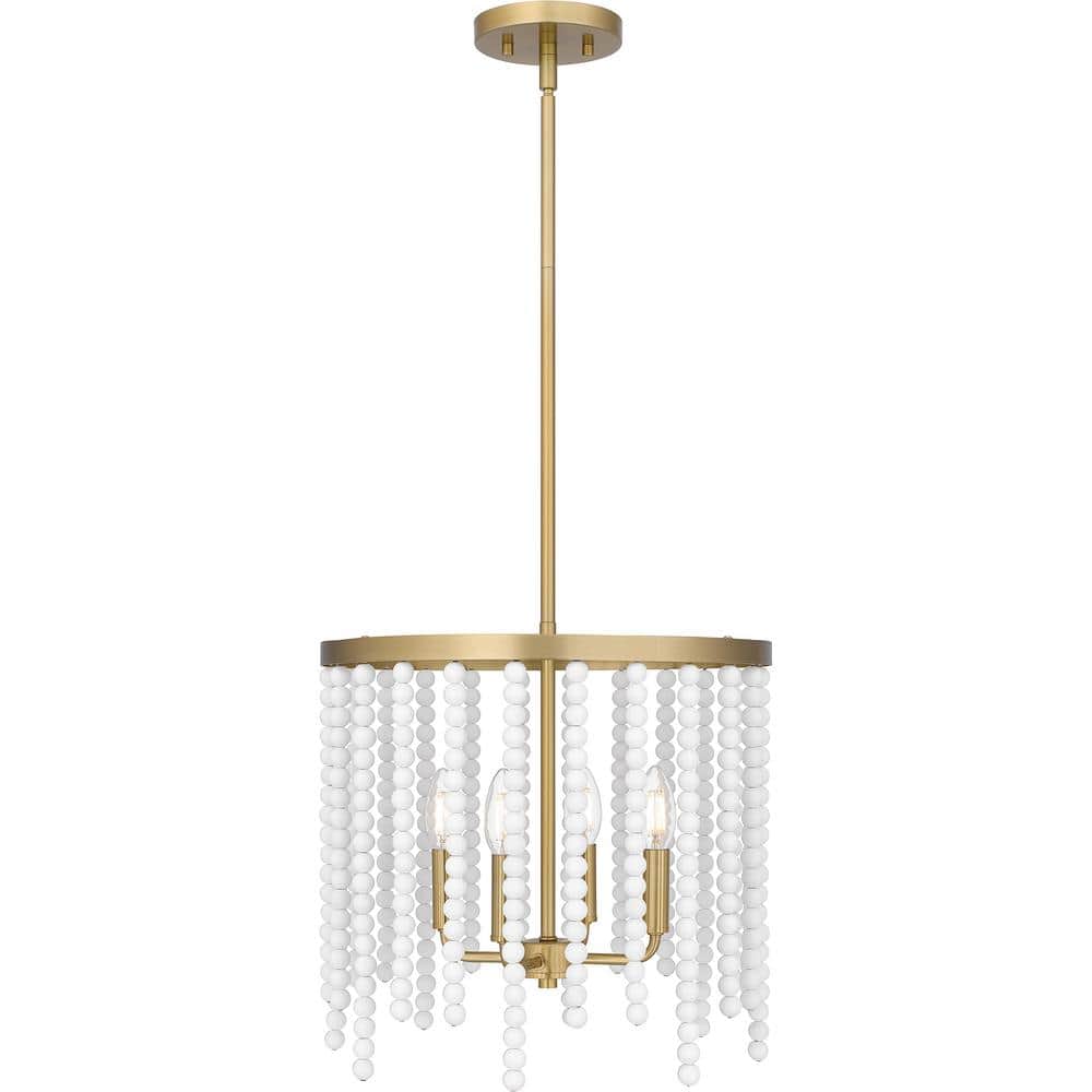 Aged Brass Drum Pendant Light with White Beads
