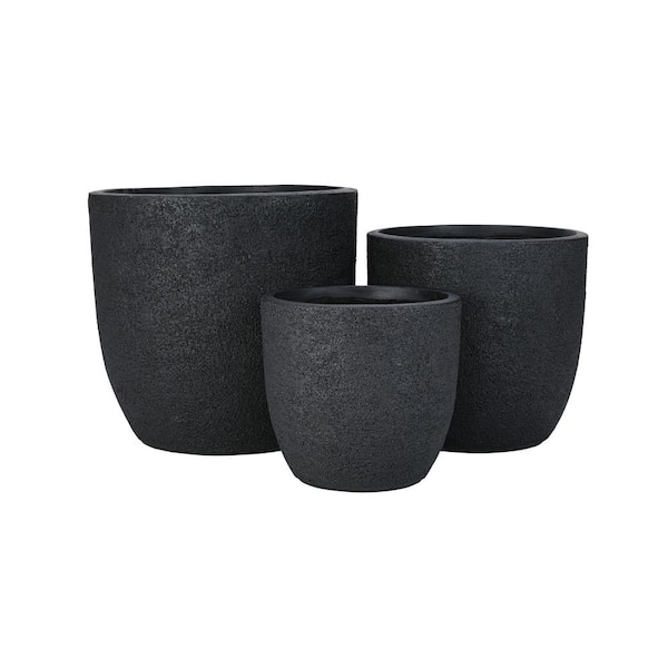 Outdoor Black Round Concrete Stackable Planter with Drainage Holes and Rubber Plug for Garden( Set of 3)