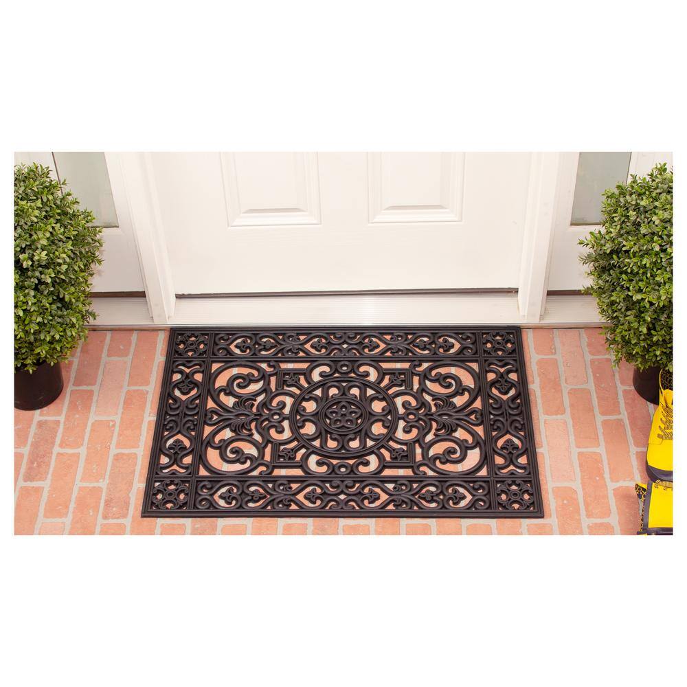 Black and Gray Rubber Scrollwork Outdoor Doormat