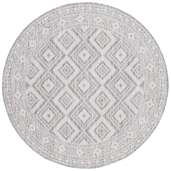 SAFAVIEH Courtyard Ivory Blue/Beige 7 ft. Round Border Diamond Indoor/Outdoor Area Rug