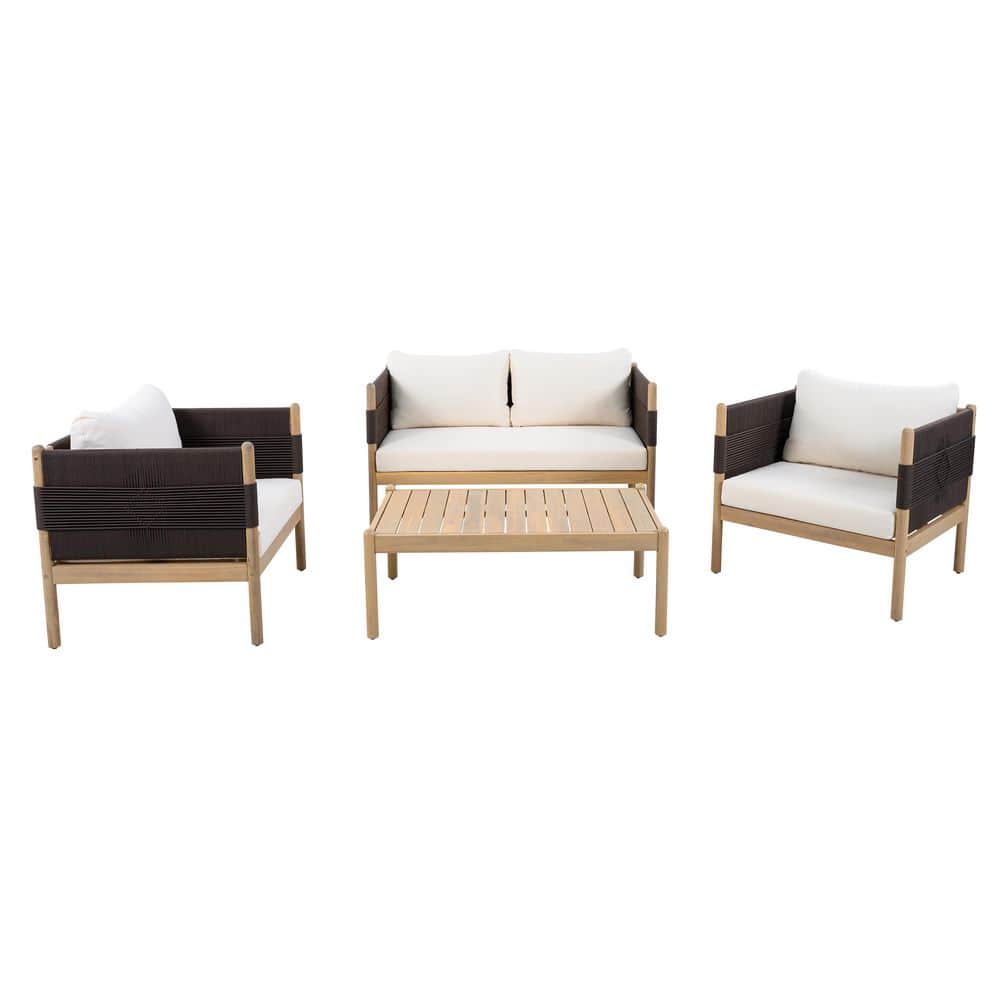 Zelene 3-Piece Acacia Wood Patio Conversation Set with Cream Cushions, Light Teak Coffee Table