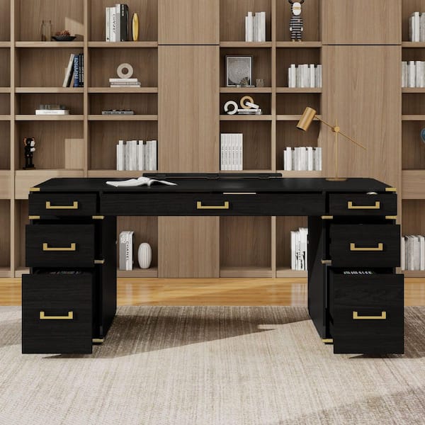70 in. Rectangular Black/Gold MDF Wood Desk with Metal Edge Trim,2-File Drawers,USB Ports and Outlets
