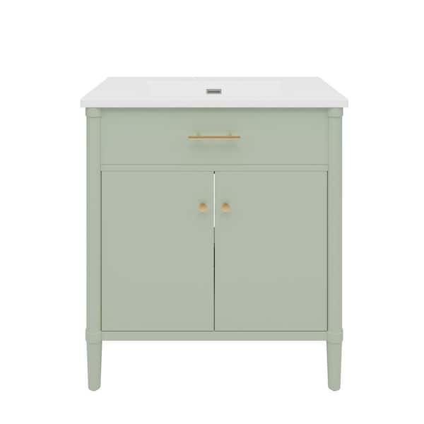 31 in. W Single Sink Freestanding Green Bath Vanity with White Ceramic Top and Adjustable Shelf, Unassembled