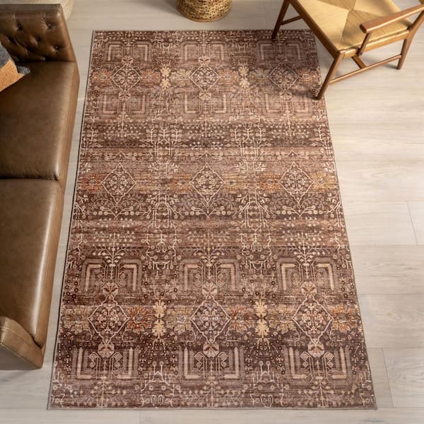 McKenna Floral Spill Proof Washable Brown 6 ft. x 9 ft. Indoor Area Rug